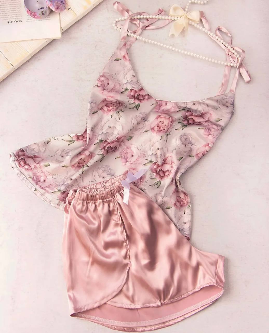 ساتن گلی صورتی بند گره ای